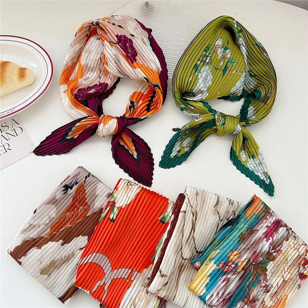 70cm Small Shawl Wraps Fashion Vintage Pleated Silk Neck Scarf Crinkle Square Silky Neck Scarves Peony Flower Print Hair Scarf 4