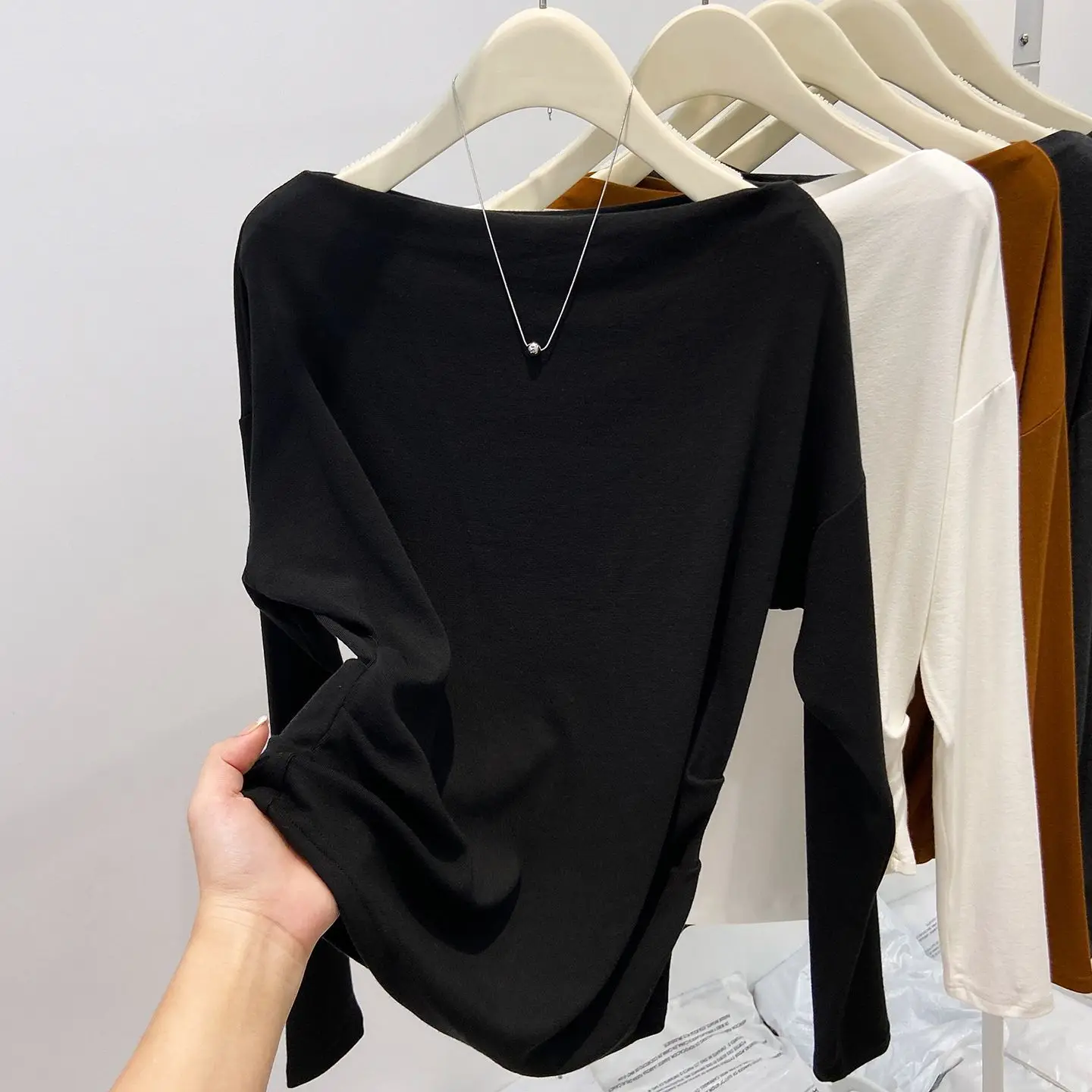 Slash Neck T Shirt For Women Solid Autumn Winter Elegant Ropa De Mujer Korean Fashion Basics Chic Camisetas