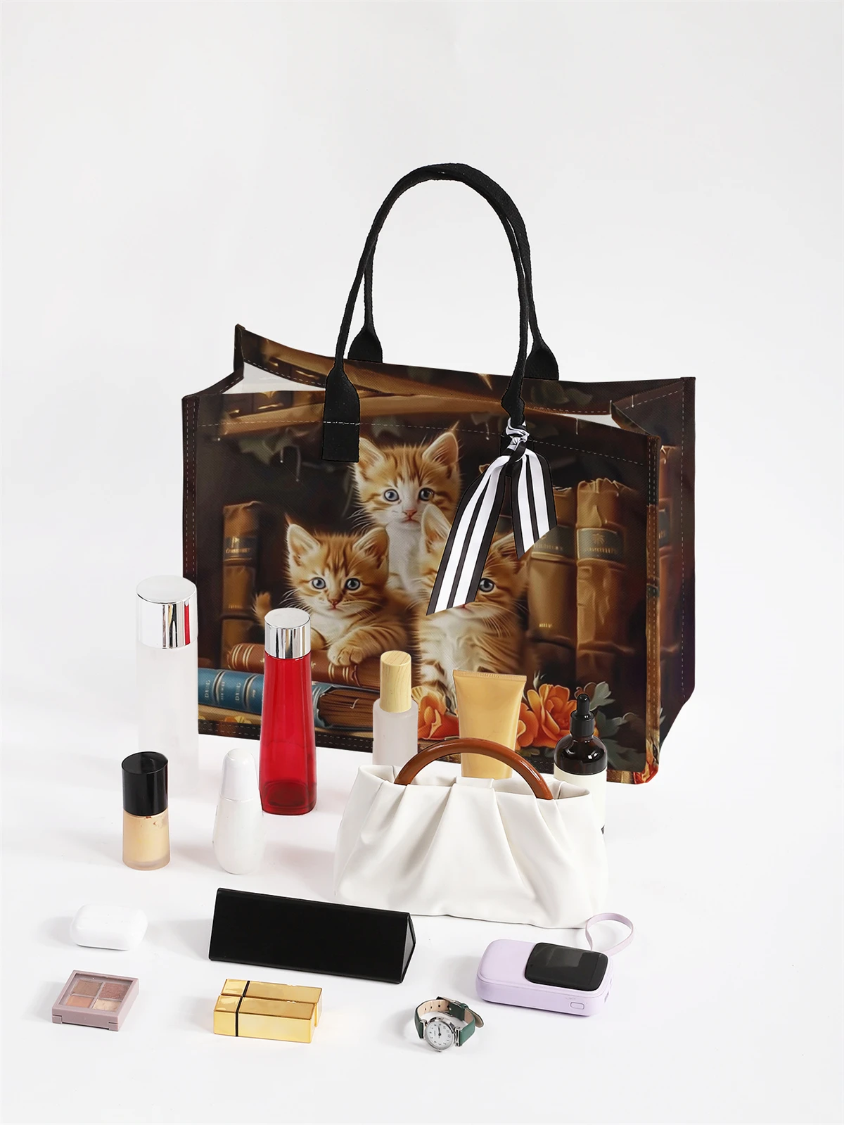 Cute Cat Pattern Printed Handbag - Tote Bag, Women's Gift Handbag Beach Bag, Large Capacity Handbag Suitable for Men and Women