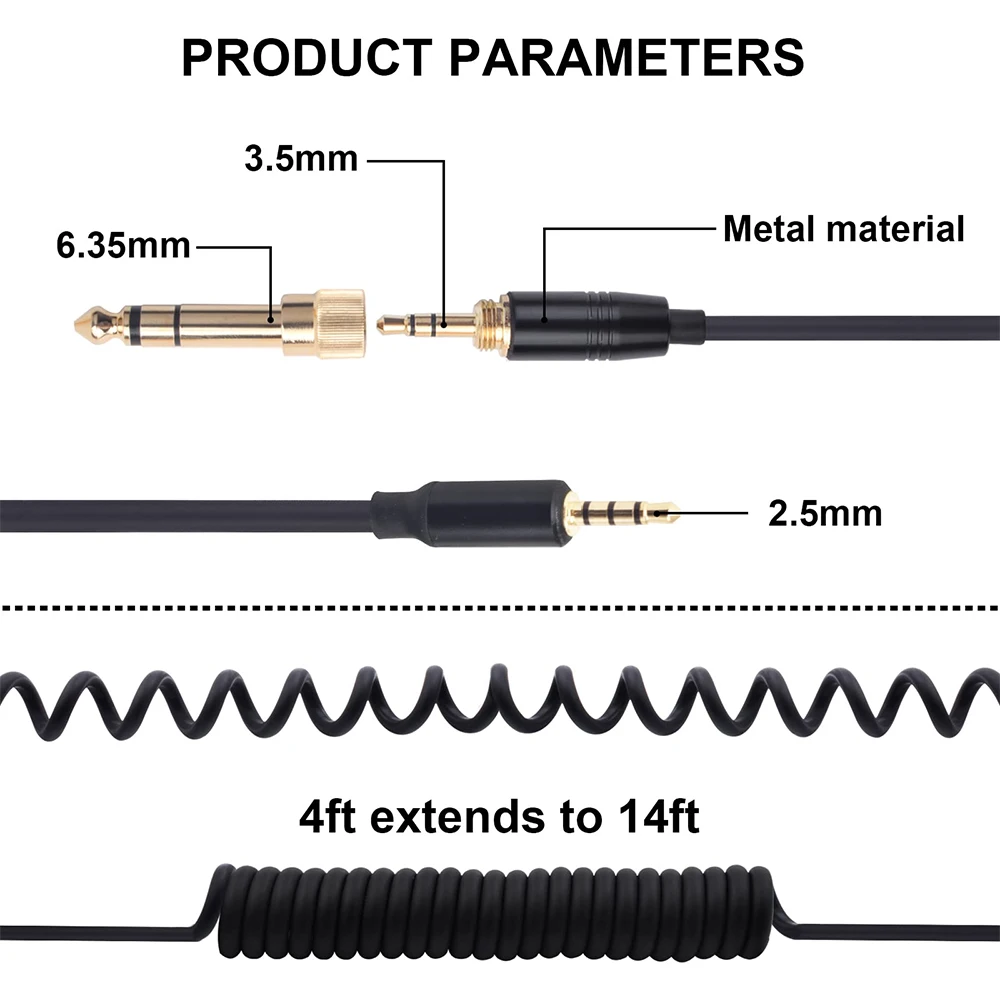 6.35mm OFC Spring Coiled Replacement Cable Extension Cord For Blue Mo-Fi Mix-Fi Sadie Ella headphones