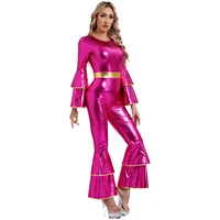 Womens 70S Disco Vintage Jumpsuit Metallic Shiny Flare Sleeve Bodysuit Hippie Bell Bottom Jazz Dance Carnival Rave Party Costume - Image 2
