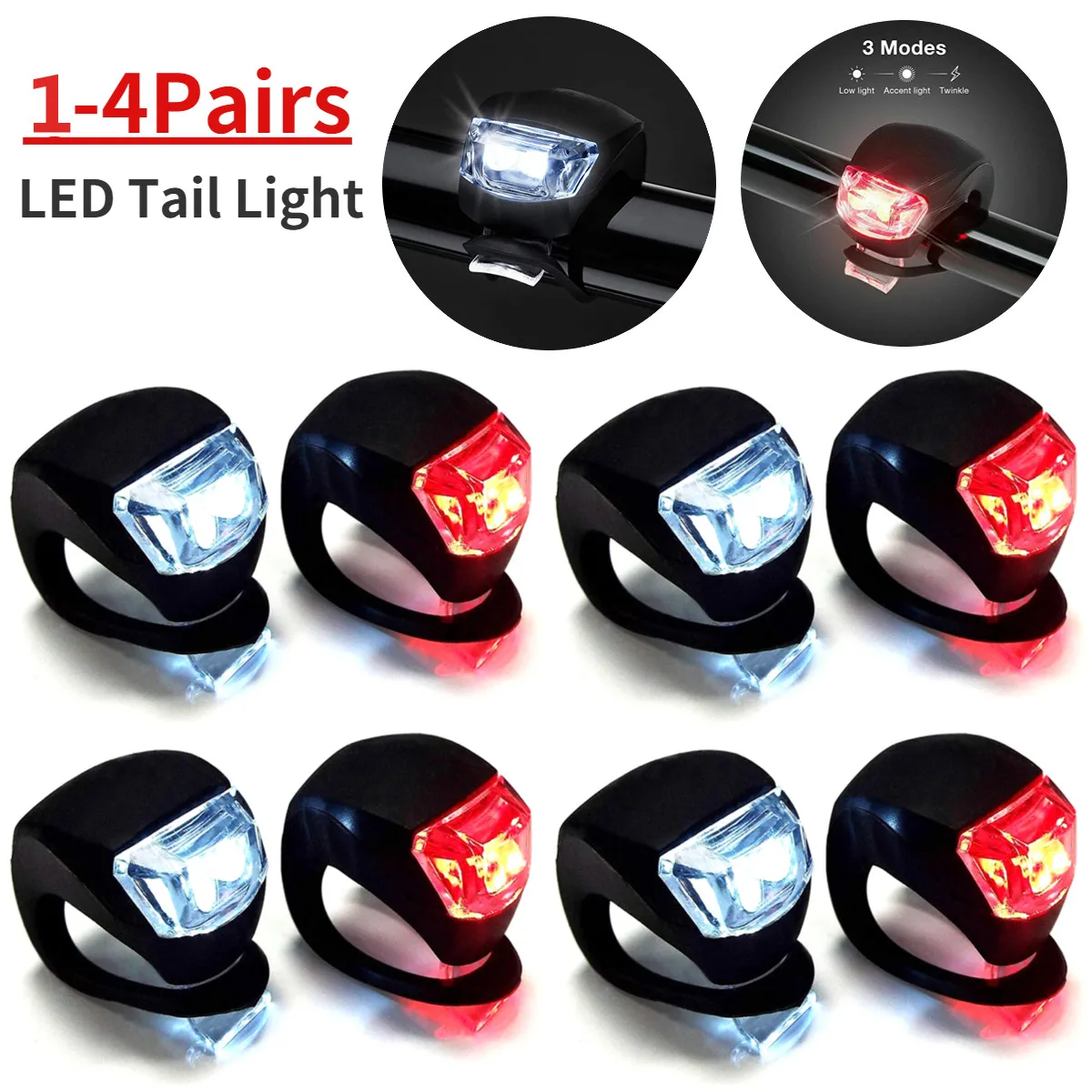 1 4Pairs LED Silikon Fahrrad Vorne Hinten Licht Set 3 Modi Wasserdicht