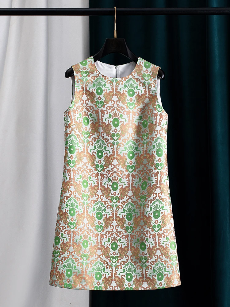 Women Jacquard Print Dress Sleeveless Round Neck Elegant Summer Midi Dress Luxury Style Party Dress 2026
