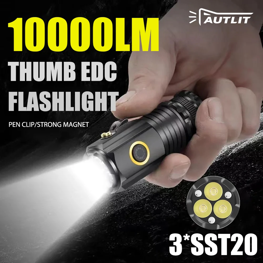 3 F350 LED 미니 손전등 강력한 Type-C 충전식 18350 배터리 토치 SST20 10000LM 램프 테일 자석 전술 랜턴