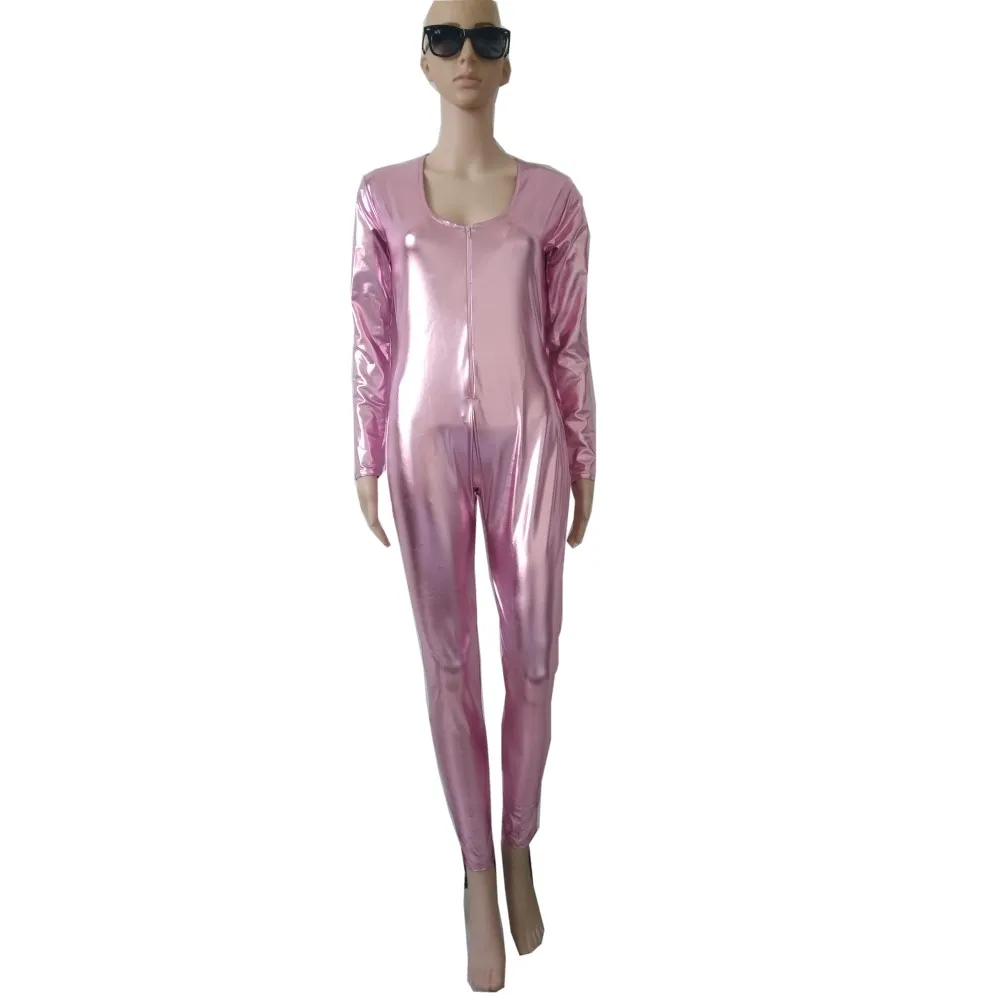 

Sexy Women's Shiny Metallic Catsuit Lady jumpsuit No Hood Front Zipper bodysuit for men kids