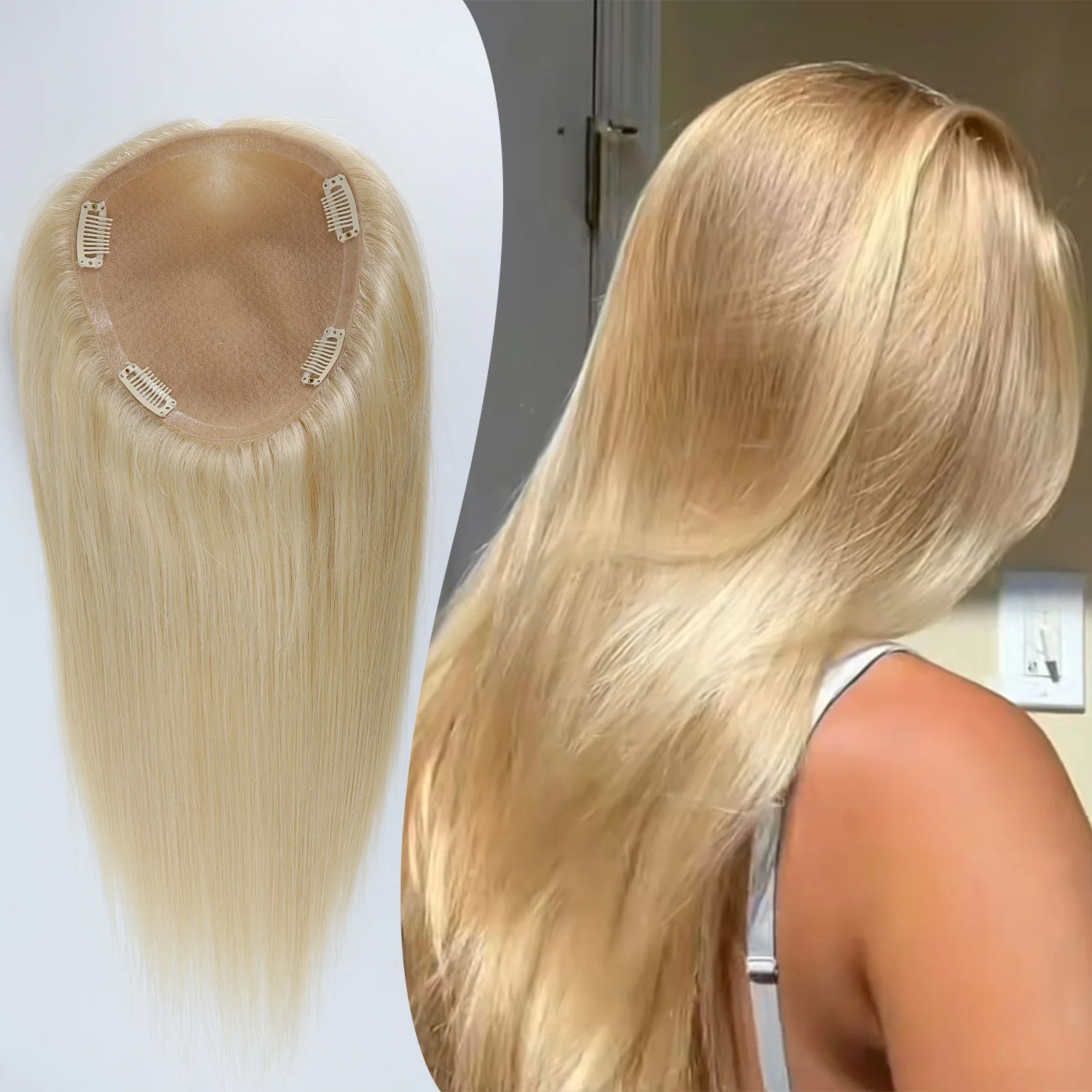 Human Hair Topper with Clips in Light Blonde #613 Silk Base Toupee with PU around Full Hand Tied Hairpieces for Women