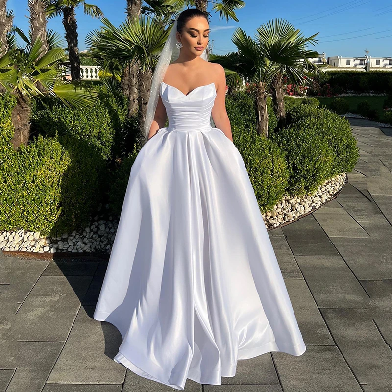 

Eightree Elegant A-line Wedding Dresses Sweetheart Floor Length Bridal Dress With Pocket White Evening Wedding Gown Custom Size