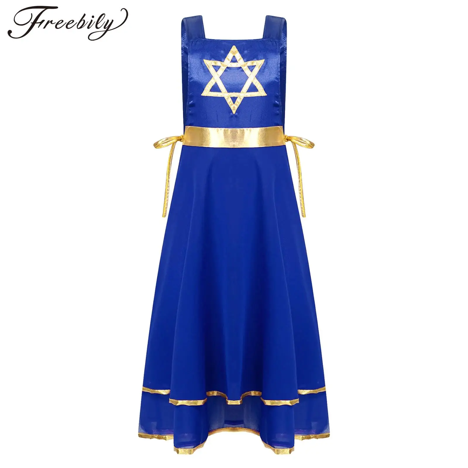 

Kids Girls Liturgical Praise Lyrical Dance Tunic Dress Church Choir Worship Dancewear Sleeveless Lace-Up Side Split Robe Gown