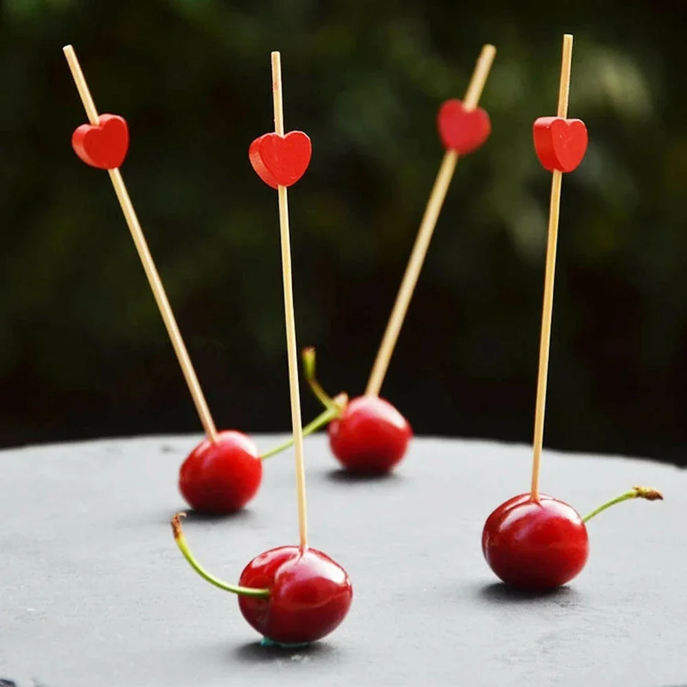 12cm Heart Flower Bamboo Pick et Cupcake Fruit Fork Party Dessert Salad Stick Cocktail Skewer for Wedding Decor 100pcs