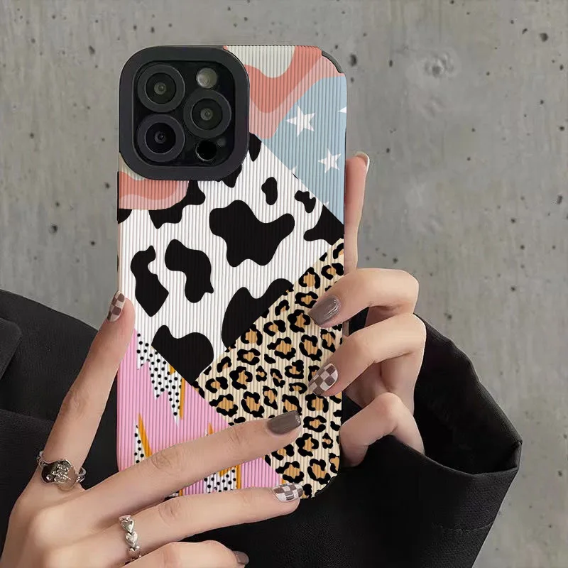 Creative Leopard Cow Silicone Leather Case For iPhone 16 15 14 13 17 Pro Max Air 11 12 Mini  Soft Shockproof Cover