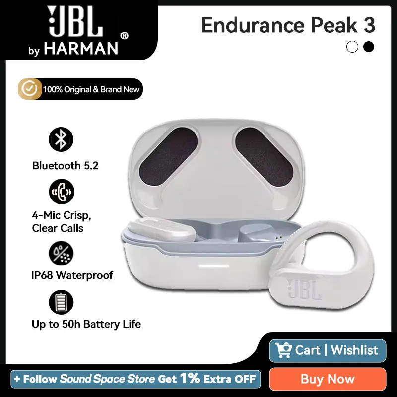 Jbl Endurance Peak 3 Original Bluetooth 5.2 Sport Auricolare True Wireless Earbuds Gancio Per L'Orecchio Ambiente Aware & Talk Thru 50H Playtime