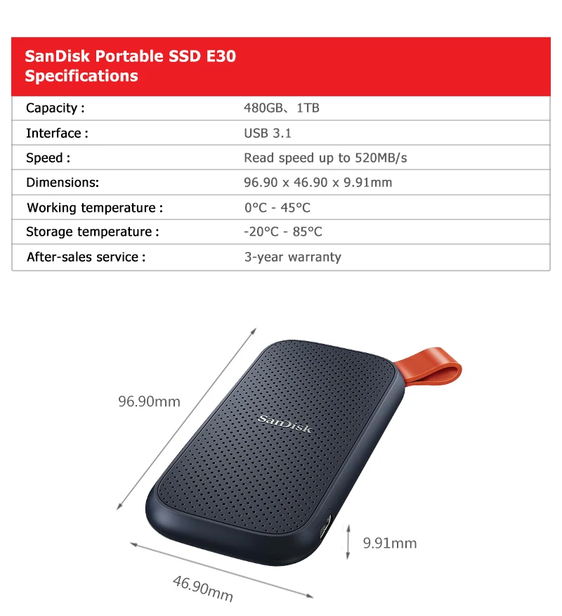 SanDisk Tragbare SSD E30 USB3.2 Gen2 Typ-C Solid State Drive 1 TB 2 TB Max 800 MB/s Externe PSSD Festplatte Festplatte für PC – Detail 5