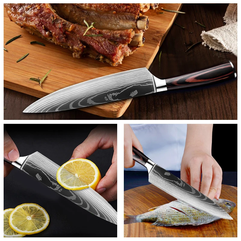 Laser Damascus Knife Set 7CR17 Steel Japanese Knife Cleaver Meat Fish  Fillet Boning Knife Wood Handle Chef Kitchen Knives Set - AliExpress