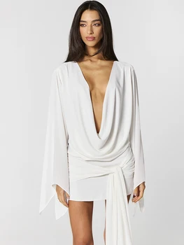 Mozision Women Deep V Neck Sexy Mini Dress Elegant Cowl Neck Long Sleeve Backless Flare Sleeve Draped Beach Club Party Dresses 1