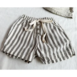 Vintage Linen Cotton Striped Baby Shorts with Button Pocket Design - 2-3T (Coffee)