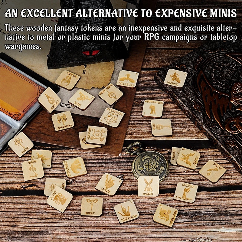 Wooden Inspiration Tokens For D&D - Laser Cut Dragon & Rudder Coins, Set Of 9