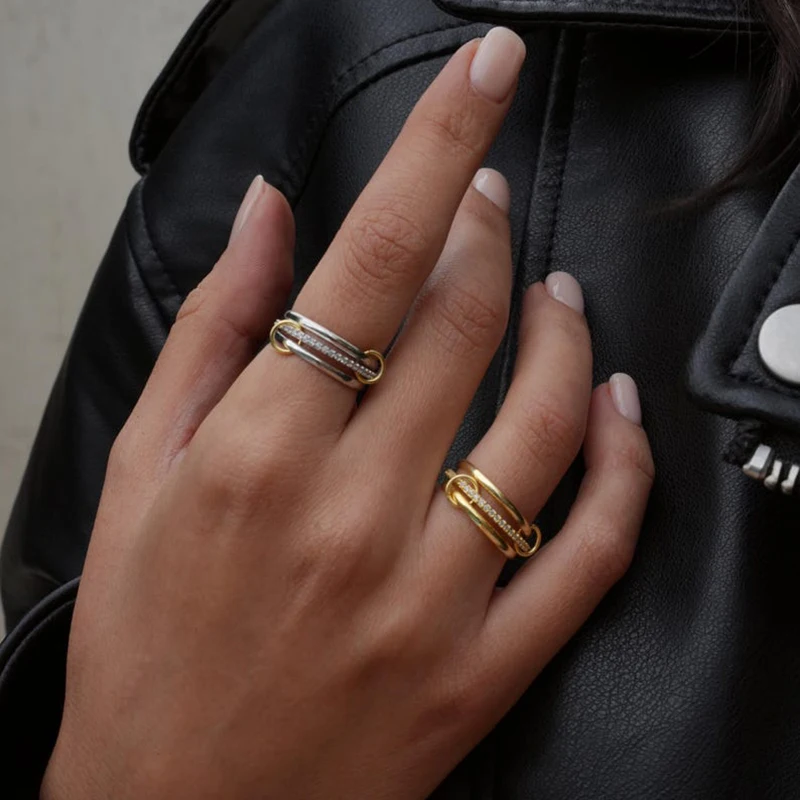 New Multi Connected Triple Layers Loop Ring for Women Gold Color Interlocked Link Stacking Rings CZ Zircon Punk Jewelry Bijoux