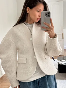 Cappotto in lana di agnello aderente in vita solida Moda donna Scollo a V Manica lunga Tasche monopetto Giacca Autunno Lady Commuter Outwear 1