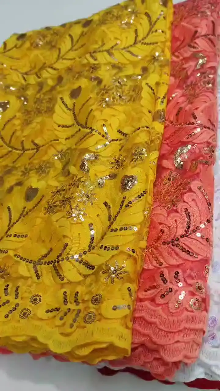 Nigerian Hot Sale Lace Orange Mesh Fabric 2022 African Fashion Sequins Tulle Lace French For Women Wedding Party Dress Sew