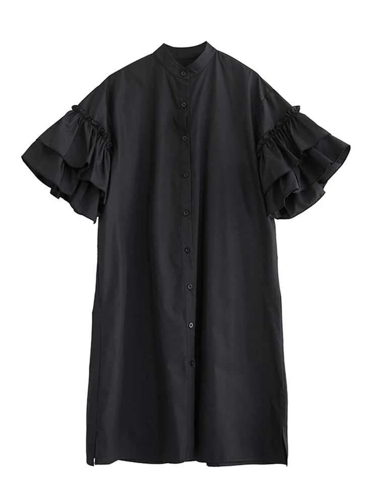 2025 Spring Summer New Green Vintage Shirt Dresses For Women Butterfly Sleeves Loose Casual Midi Dress Elegant Fashion Clothing