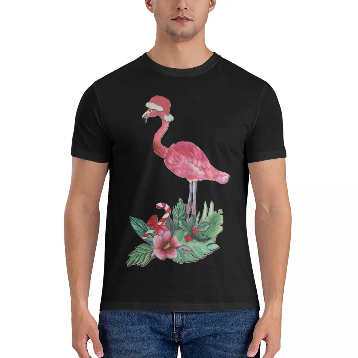 

Винтажная Рождественская футболка с фламинго, Санта на розовых тропических конфетах, Мужская футболка с коротким рукавом