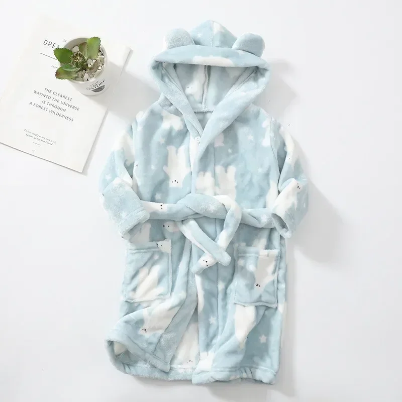 Kids Cartoon Cat Robes New Winter Baby Girl Bathrobe Sleepwear Robe For Children Flannel Hooded Pajamas Boys Homewear Clothing kids bathrobe