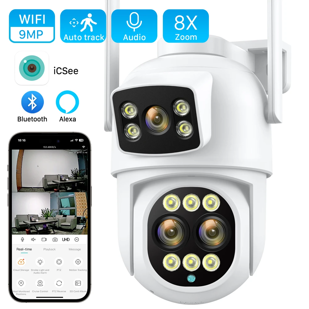 HD 9MP 4K PTZ IP Camera WiFi 6MP 8X Zoom Three Lens Home Security Protection Motion Detection Outdoor Street CCTV Surveillance