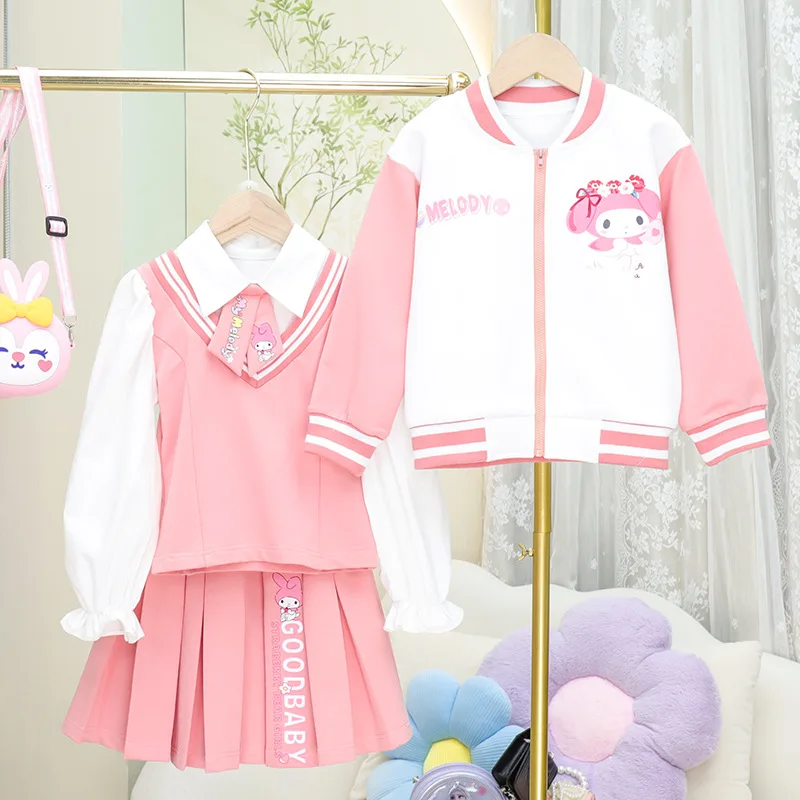 

My Melody Sanrio Kawaii Anime Children Autumn Winter Sports Suit Baseball Uniform Cute Cartoon Coat Pleated Skirt Girls Gifts