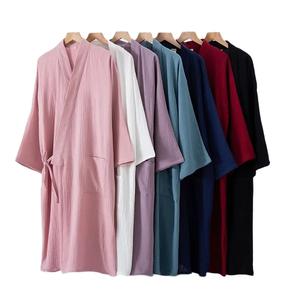 

Japanese Style Couple's Nightgowns Men's Spring Cotton Kimono Bathrobe Lace-up Large Size Sleepwear Robe Women's Casual Homewear