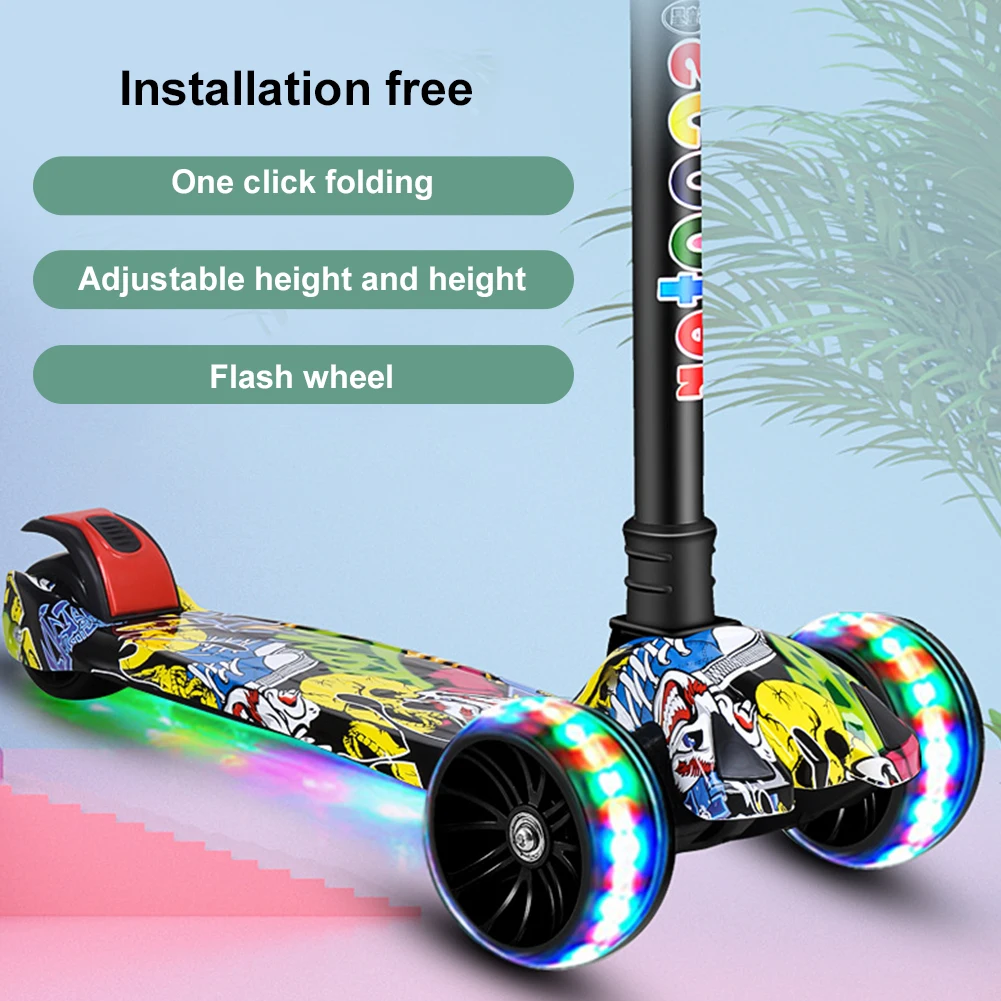 Children's One-pedal Three-wheel Kick Scooter with Wheels glitter Foldable Kickboard Suitable for Kids Ages 2-10 Christmas Gifts