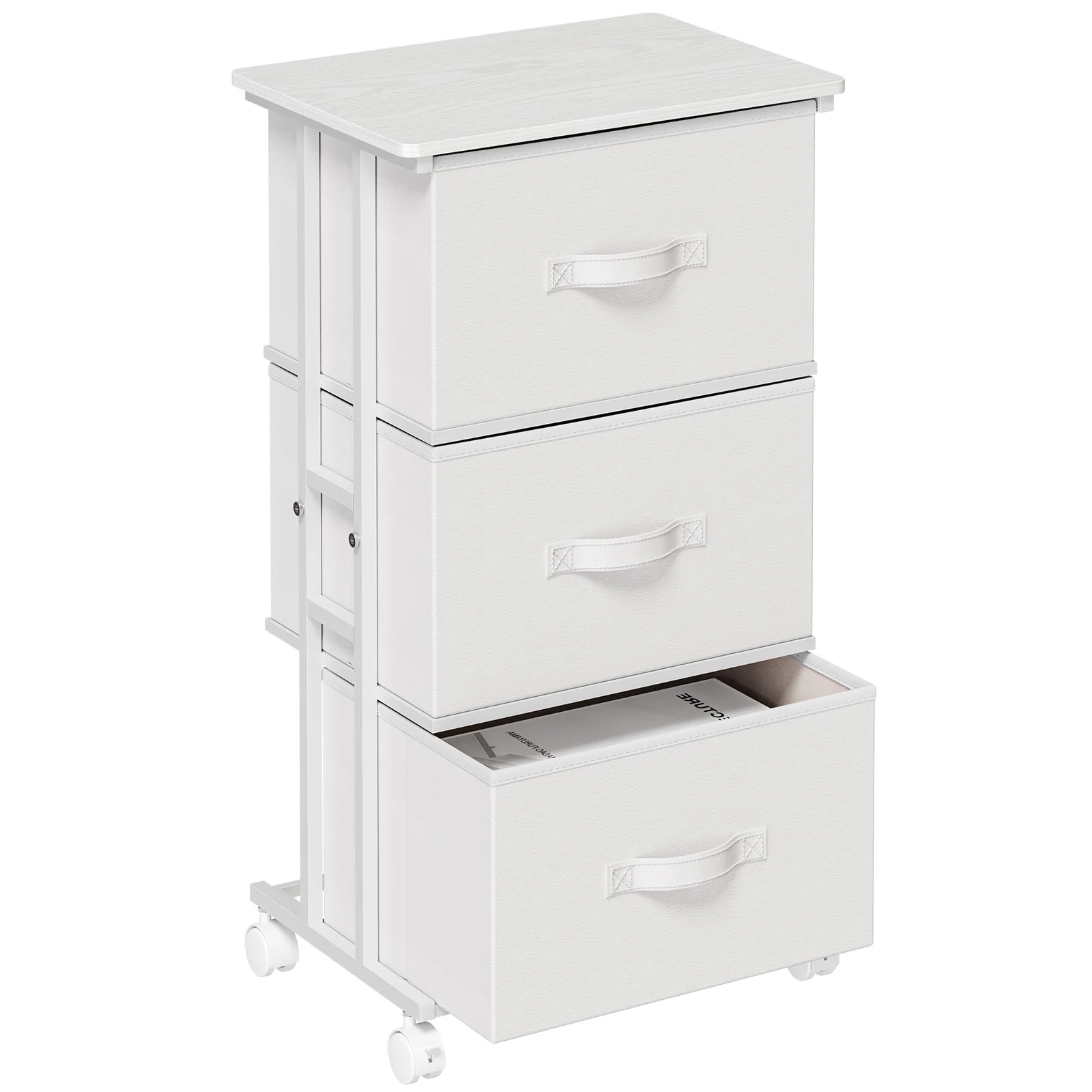 MCQ Movable Roller Cabinet With 3 Foldable Fabric Drawers Wooden Top Dresser Tables With Steel Structure Display Of Furniture