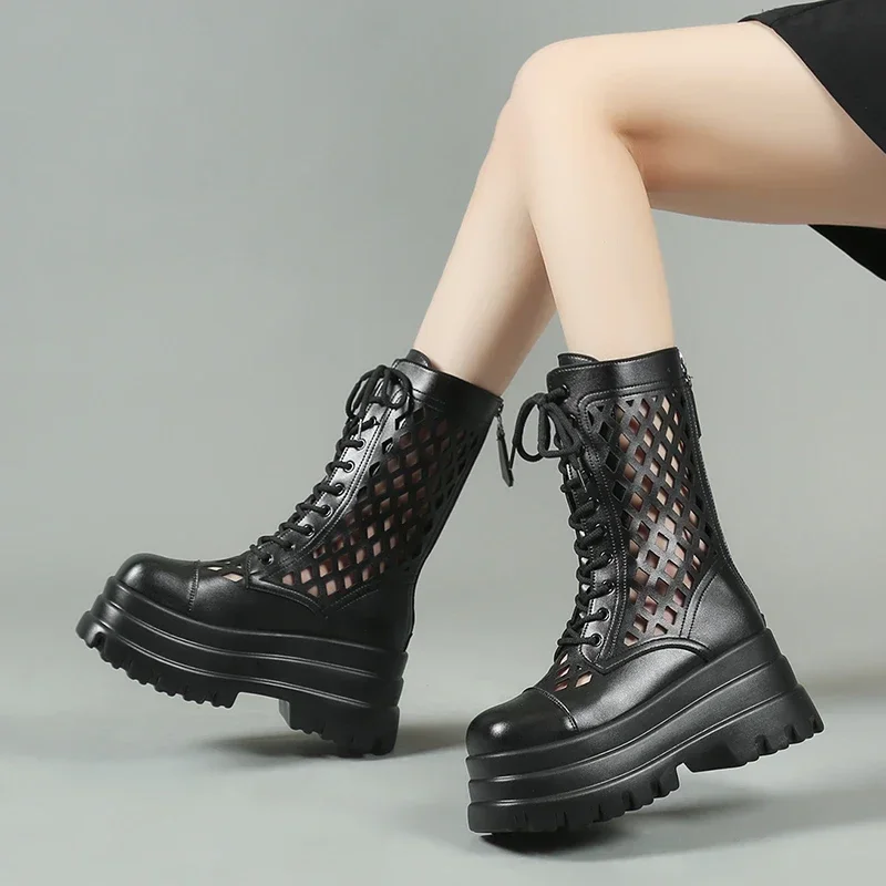 8cm Ankle Breathable Summer Hollow Moccasins Motorcycle Boots Genuine Leather Woman Fashion Sandals Openwork Shoes Boot