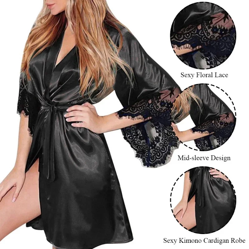 Women sleepwear French Sexy Silky Satin Night Gown Robe