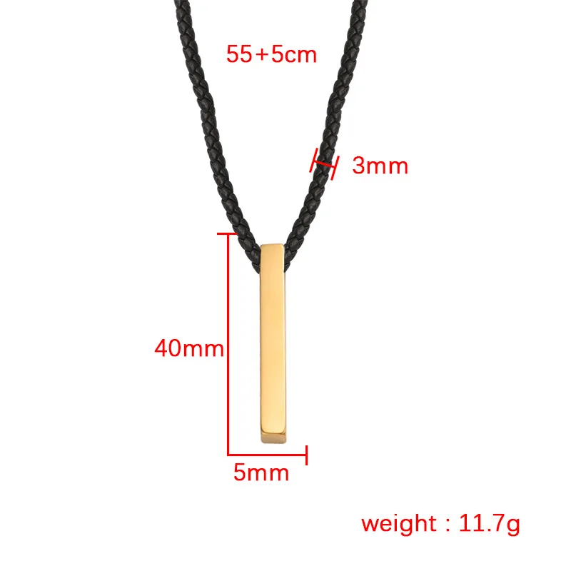 Stainless Steel Black PU Leather Chain With Bar Pendant Blank For Engrave Necklace For Women Men Metal Rectangle Tag Necklace