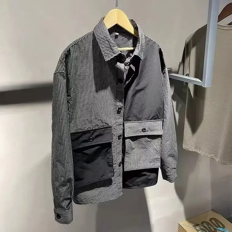 thumbnail image 1 of Camisas para hombre, camisa de hombre negra a rayas, de algodón, de diseñador social, baratas, con estilo, estilo coreano normal y regular, 1 of 5
