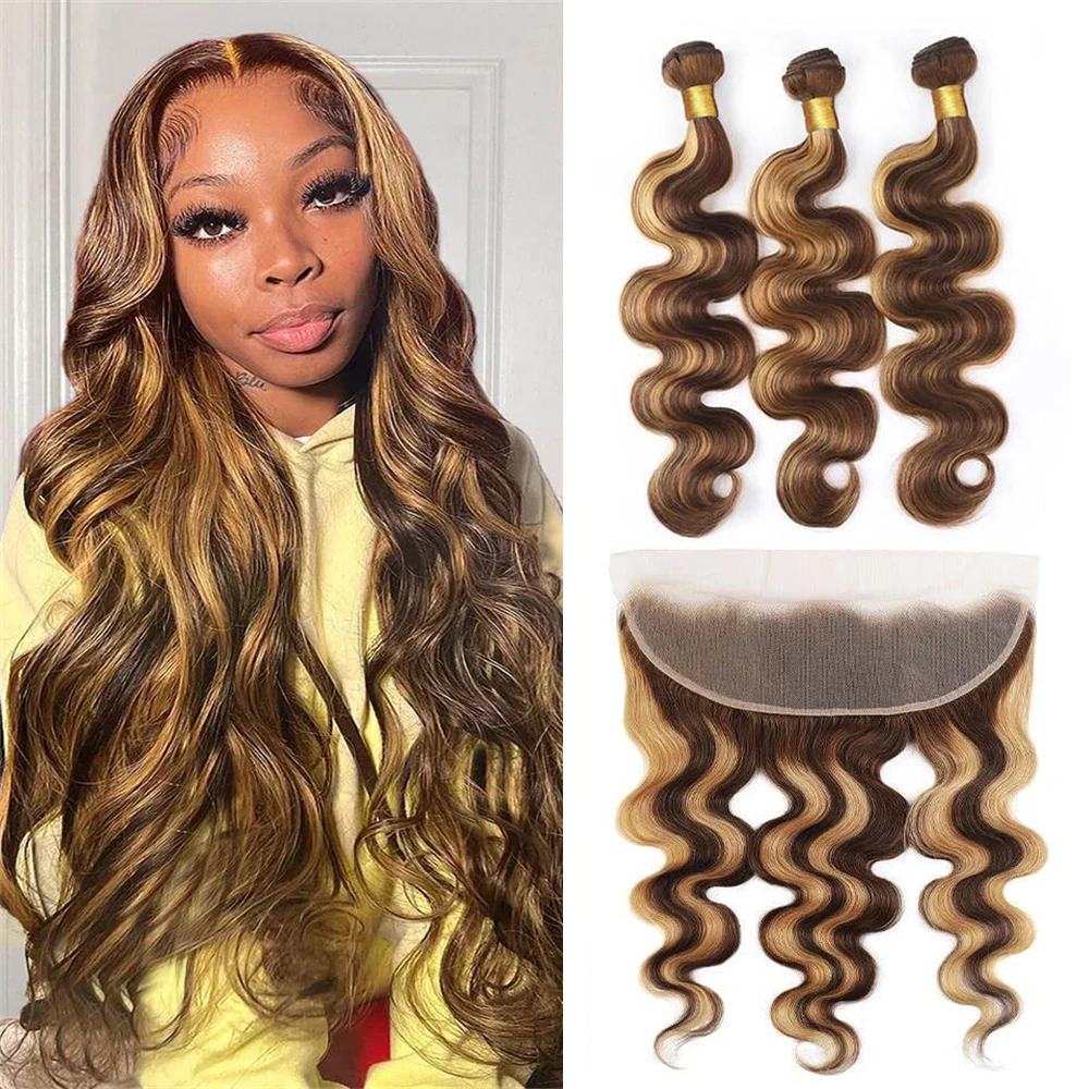 30 Inch Highlight Body Wave 3 Bundles With Preplucked 13x4 Lace Frontal 4/27 Ombre Blonde Bundle With Frontal Human Hair Tissage