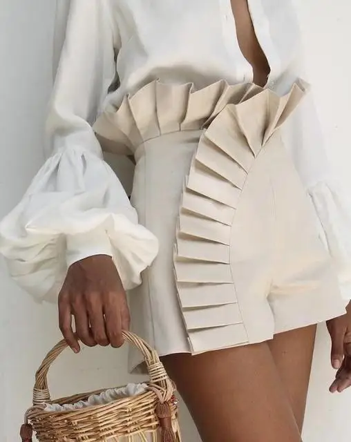 

Summer New Arrival Women's Fashion Solid Bottoms Ruffle Hem Ruched High Waist Shorts Elegant Sexy Femme Clothing Outfits S M XL