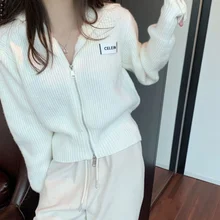 

2022 New Fashion Women's Outerwear Sweater Double Zipper Hoodie Cropped Cardigan Sweaters for Women Cute Cardigan