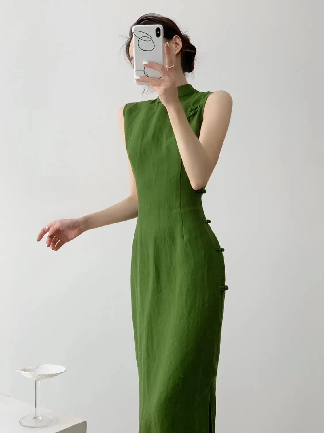 vintage natural literature art chinese style daily improved leisure qipao sexy sleeveless waist cinching slit qipao