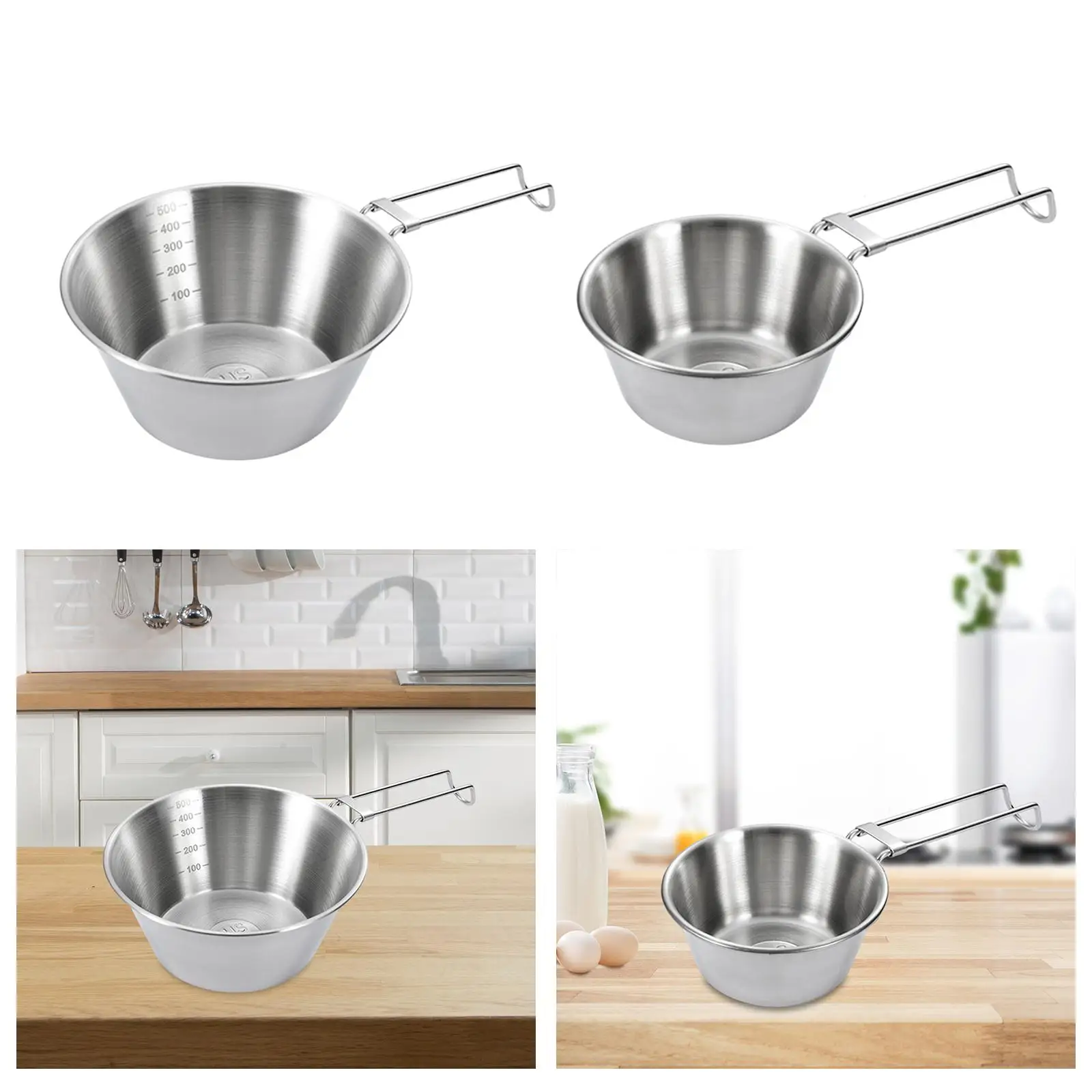 Camping Bowl Cookware Utensil Stainless Steel with Foldable Handle Drink