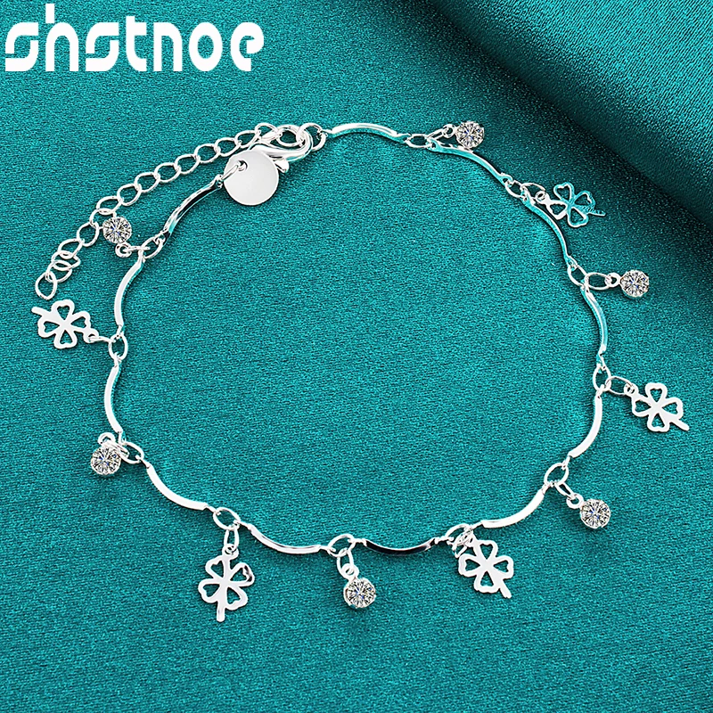 

SHSTONE 925 Sterling Silver Shiny Zircon Four Leaf Clover Chain Bracelets Girl Popular Cute Gift For Women Wedding Party Jewelry
