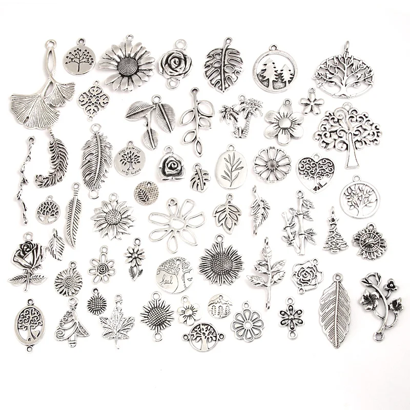 30pcs Random Mix Silver Color Tree Flower Leaf Charms Plants Nature Pendant Jewelry Making DIY Handmade Craft Accessories