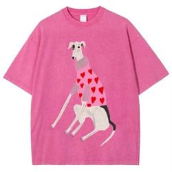 Whimsical Dachshund Print Oversized Cotton T - Shirt for Women - Comfortable O - Neck Distressed Summer Streetwear Top (Rose Red)