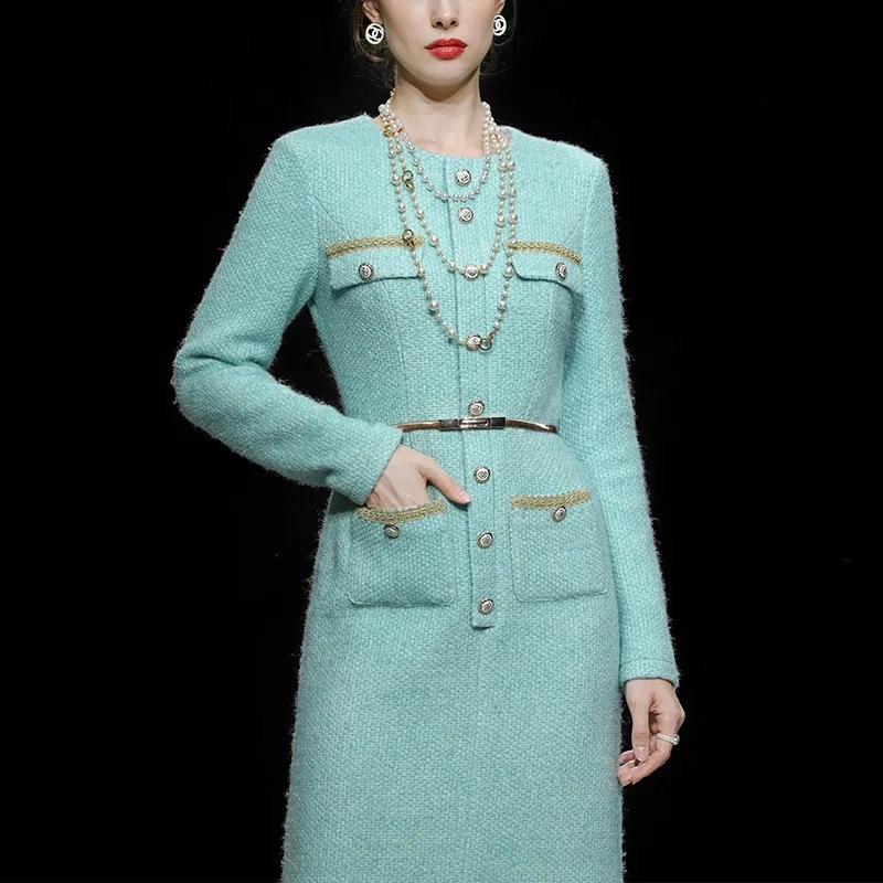 

Autumn and winter women's new temperament lake blue slim fit waist slimming thick tweed dress long skirt skirt