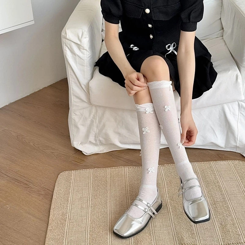 Women's Summer Ballet-Style Knitted Bow Socks - Breathable Micro Permeable Calf-Length with Bubble Top