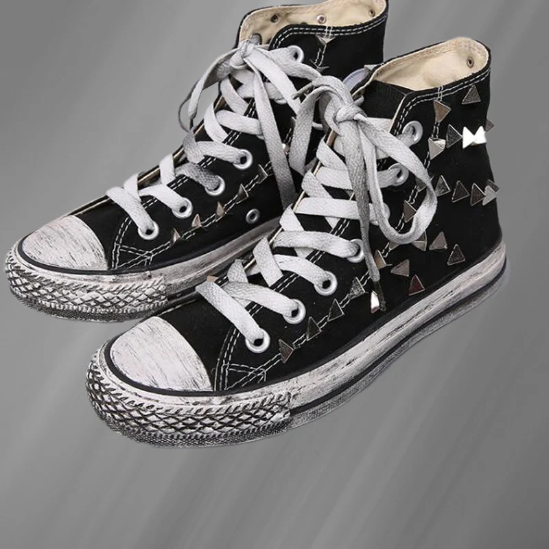 

Black High top silver triangle spike accessories Handmade custom canvas shoes integrated sports casual shoes Unisex shoes 35-46