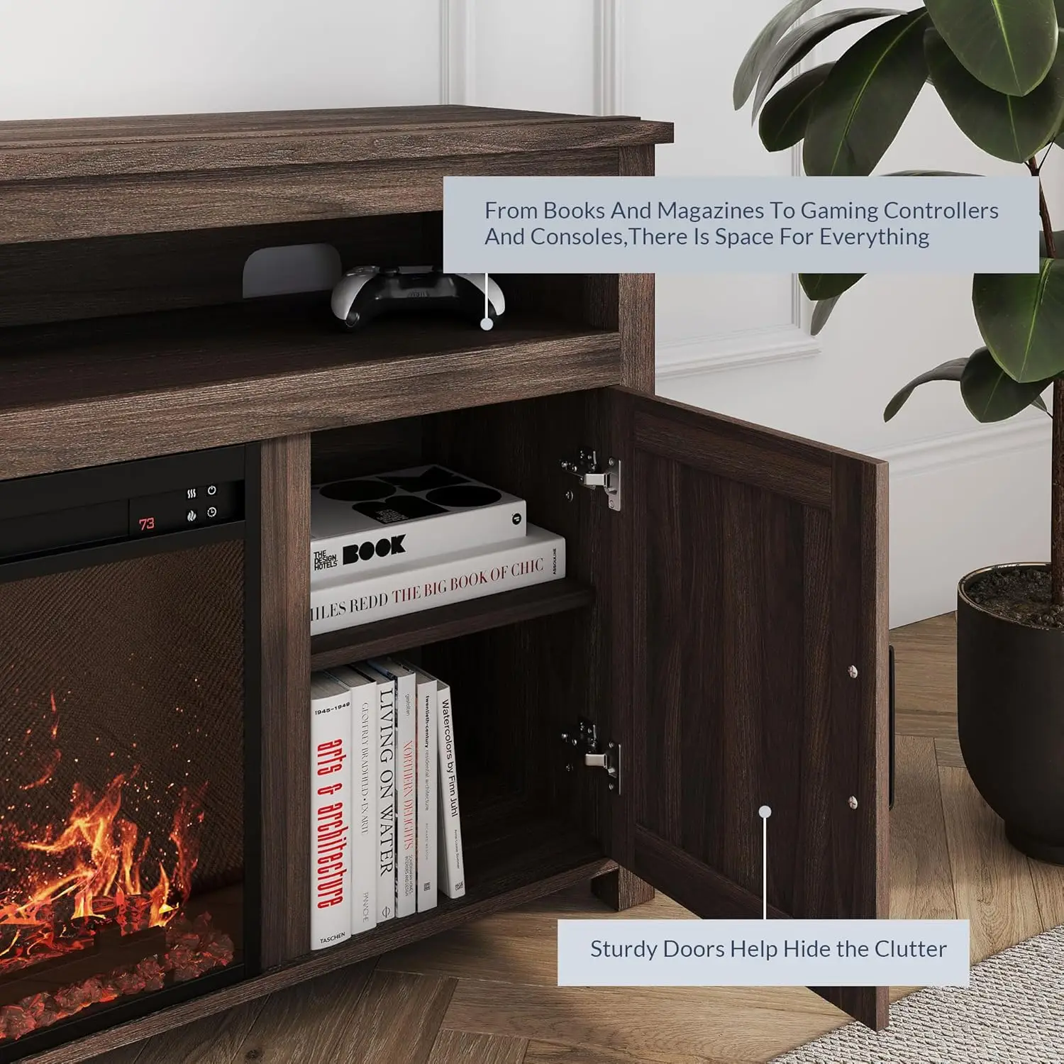 Description Picture 4 of itemFireplace TV Stand for TVs up to 65 Inches Open Shelves and Cabinets Media Entertainment Center Console Table