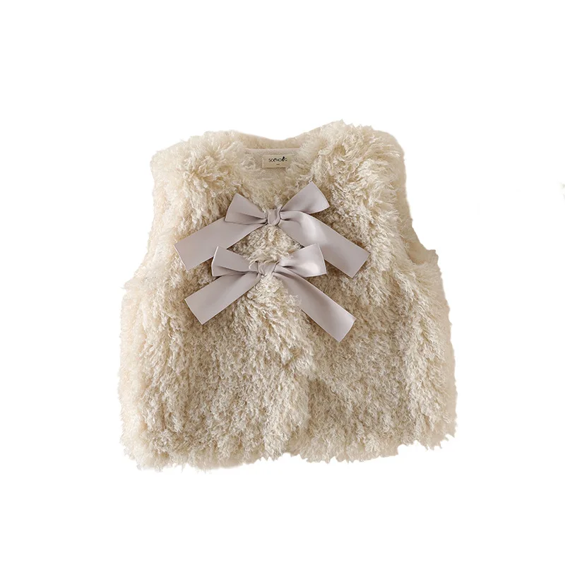 소녀들을 위한 달콤한 나비 매듭 털 조끼  아동 겨울옷 한국 스타일 두꺼운 가을 겨울 아동복