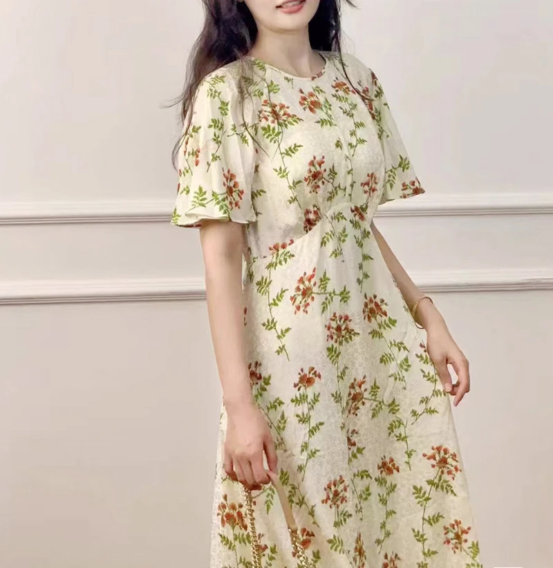

Flare Sleeves Floral Printed Jacquard Midi Silk Dress UK 8-UK 16