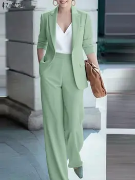 ZANZEA 2025 Autumn Outfits Office Women 2 Piece Sets Stylish Lapel Long Sleeve Blazer Coats Pant Sets Elegant OL Work Tracksuit